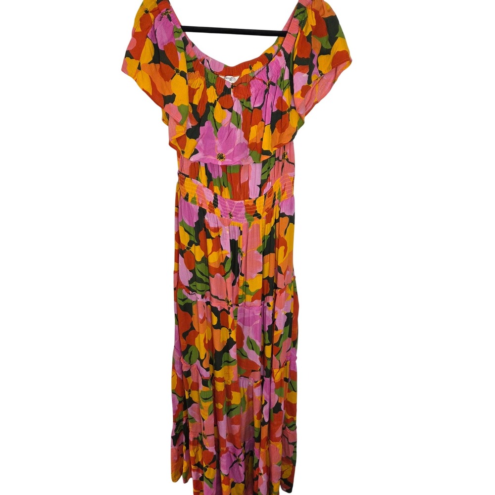 Terra Sky Floral Maxi Dress Off Shoulder Boho Ruffle Smocked Vacation